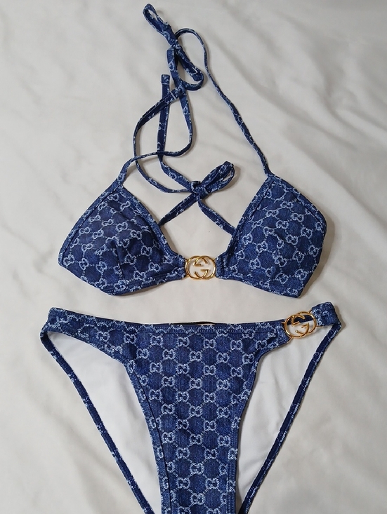 Gucci Other - Gucci Navy Blue GG Denim-Effect Bikini with Gold Hardware